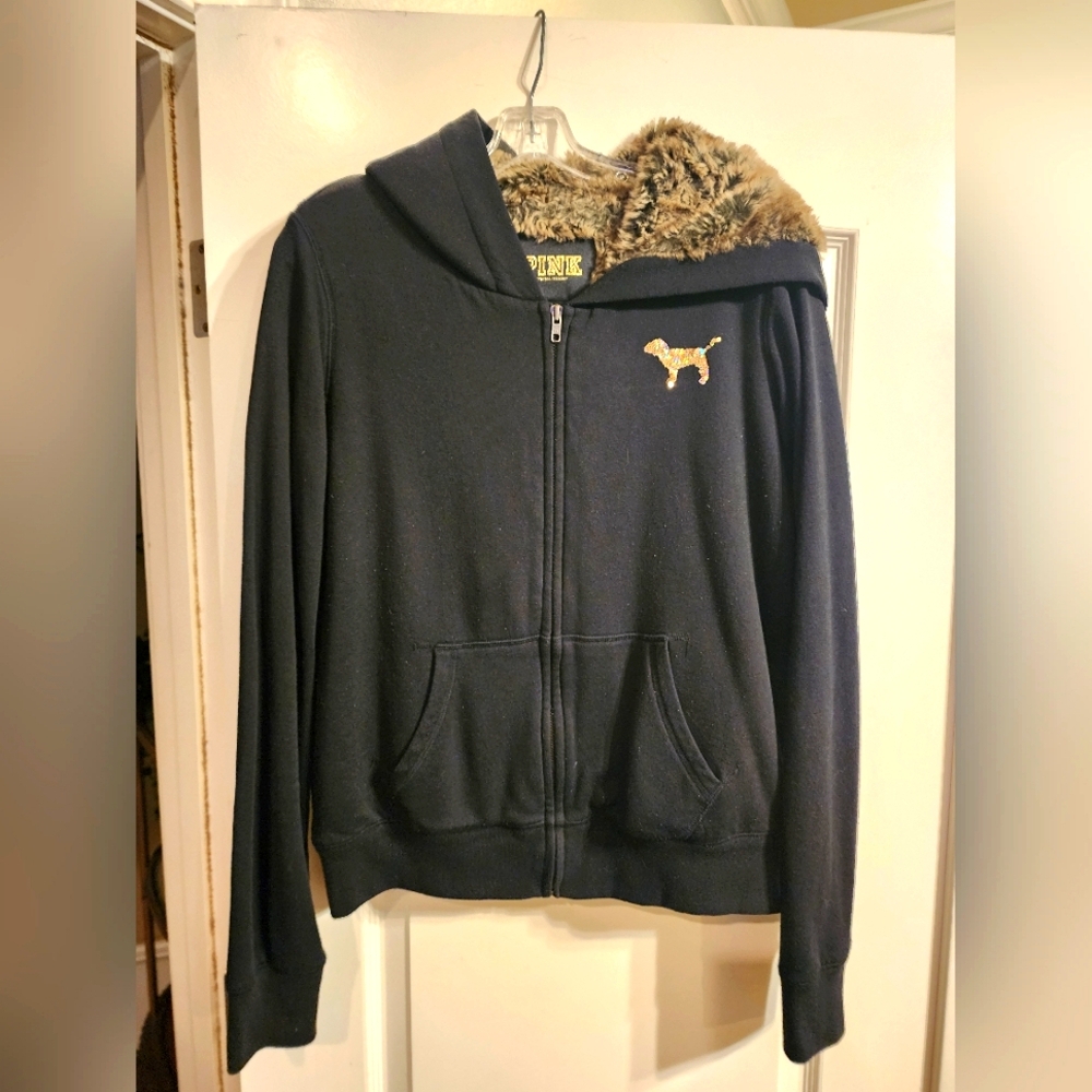 PINK by Victoria's Secret Black with Gold Sequin Hoodie Lined with Faux Fur